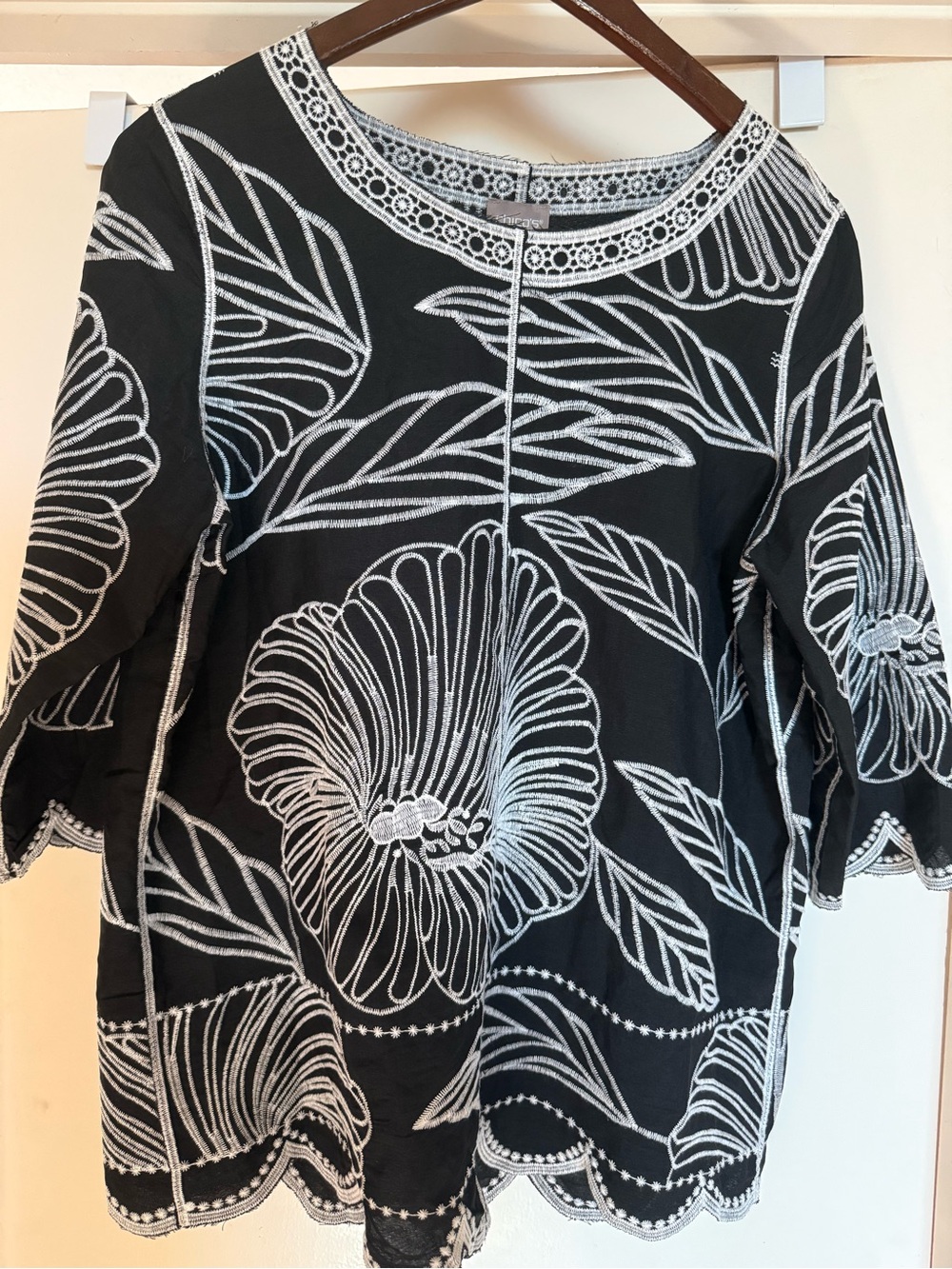 Chico's Black Top with White Floral Embroidery